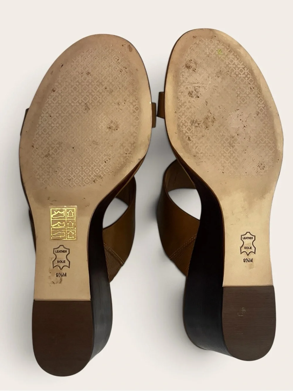 Tory Burch Everly 65mm Sandal Wedge Slides Royal Tan Rolled Brass Logo Women 9.5